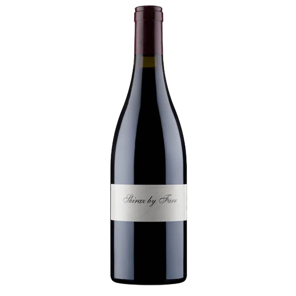 A bottle of By Farr Shiraz 2022 wine with a white label on a clear background.