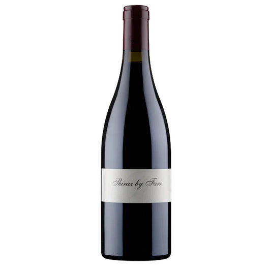 A bottle of By Farr Shiraz 2022 wine with a white label on a clear background.