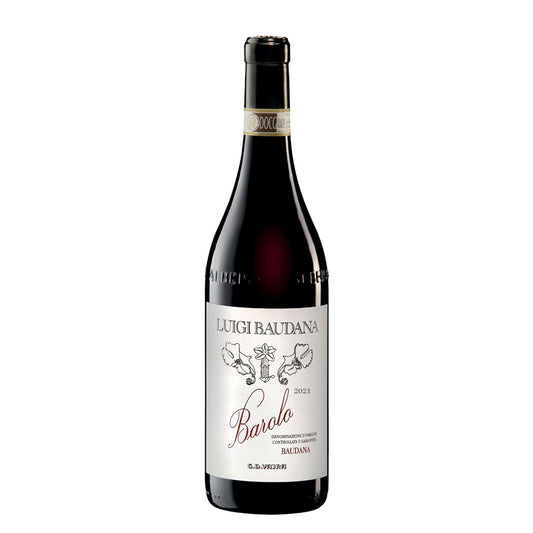 Red wine bottle with a label on a white background