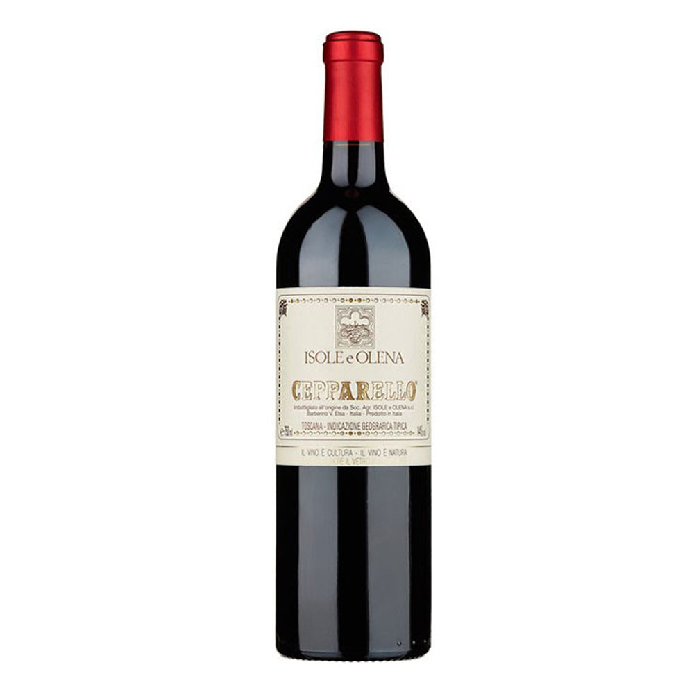 A bottle of Isole e Olena Cepparello Toscana 2020 wine with a red cap and a label that includes the wine name and the year.