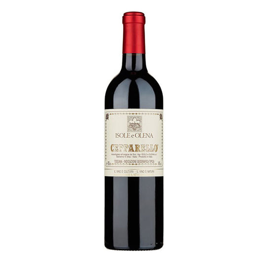A bottle of Isole e Olena Cepparello Toscana 2020 wine with a red cap and a label that includes the wine name and the year.